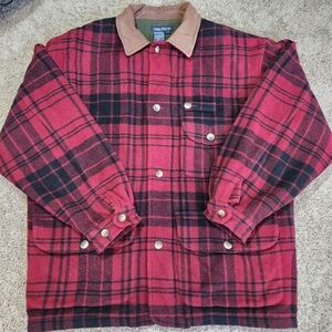 Vintage Men's Plaid Red and Black Wool Barn Coat with Leather Collar size Large
